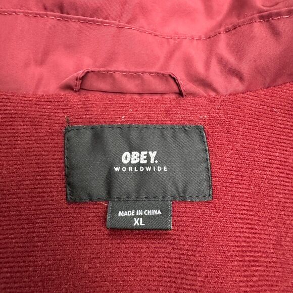 Obey Worldwide Coach Snap Button Up Windbreaker Jacket Mens XL Red Lined Outdoor - Picture 8 of 15